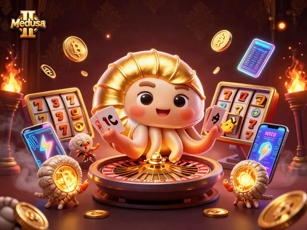 ภาพ Medusa II แสดงการเล่นเกมสล็อตออนไลน์ด้วยสัญลักษณ์และเงินดิจิทัลที่มีชีวิตชีวา