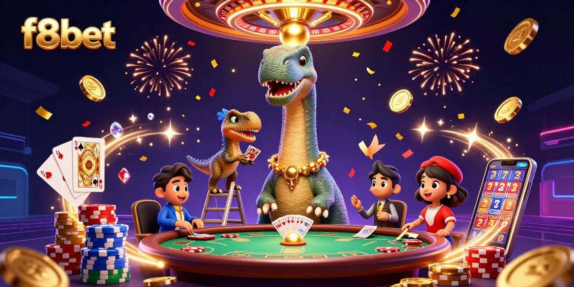 Unleash your luck with f8bet as a towering brontosaurus oversees a vibrant casino scene filled with gold coins and festive energy.