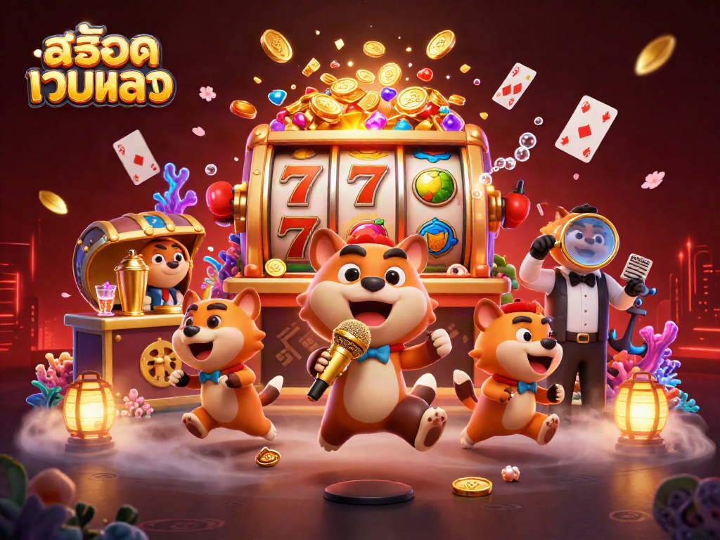 Engage with สล็อตเว็บตรง as hyenas run a vibrant casino scene, showcasing vivid slots and lively interactions.