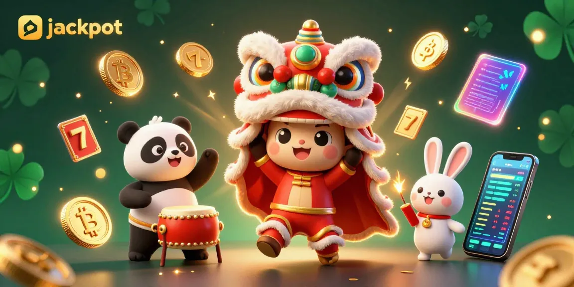 Experience the jackpot action with a vibrant lion dance and crypto elements for an exciting online casino vibe.