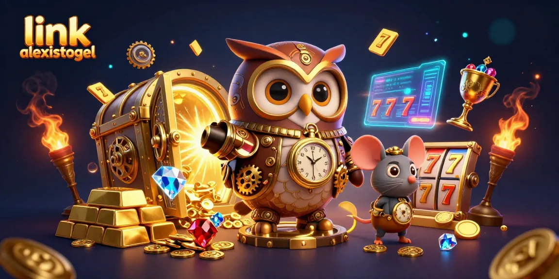 Experience the thrill of link alexistogel with a dynamic 3D illustration featuring a steampunk owl and casino elements.
