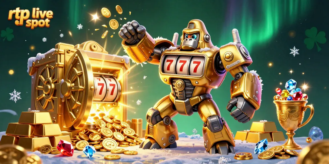 Engage with the rtp live slot scene featuring a golden gorilla mech amid treasure and jewels.