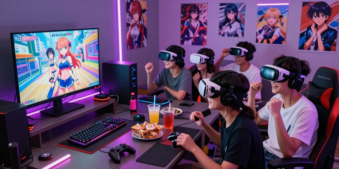 Exciting multiplayer gaming session focused on a hentai game with players immersed in action.