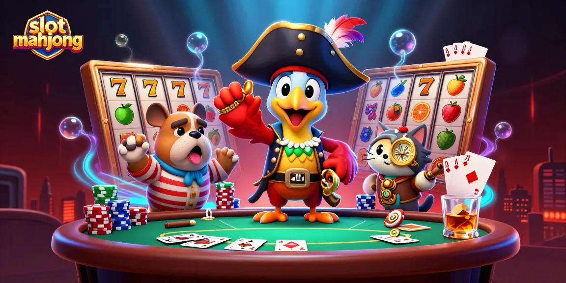 Engage with slot mahjong action in this vibrant 3D casino scene featuring lively characters and game elements.