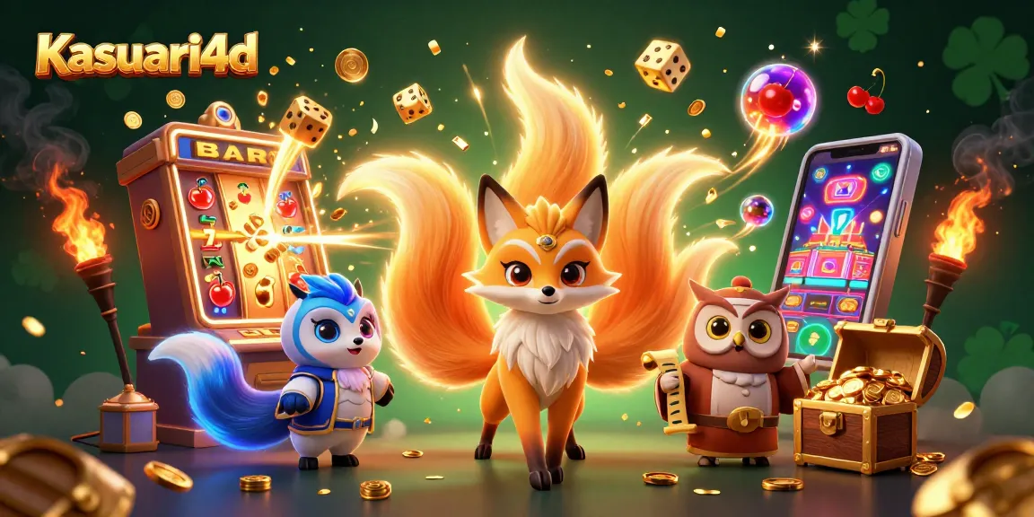 Kasuari4d menampilkan kekuatan jackpot dengan mesin slot besar dan karakter mitologis dalam suasana kasino yang ceria