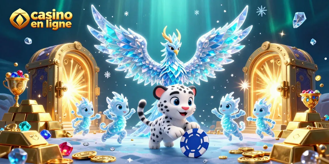 Plongez dans l'univers captivant des jeux de casino en ligne avec cette illustration 3D étincelante, mettant en scène un phénix de glace et un cub de léopard.