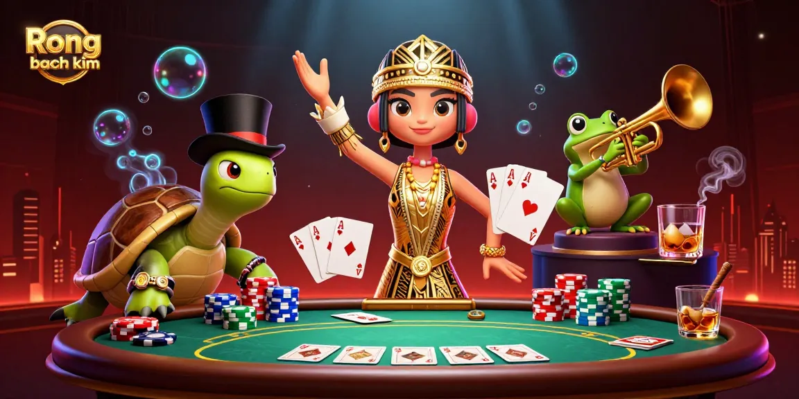 Engage in the Rong bach kim experience at a vibrant speakeasy with 3D cartoon characters celebrating gaming.