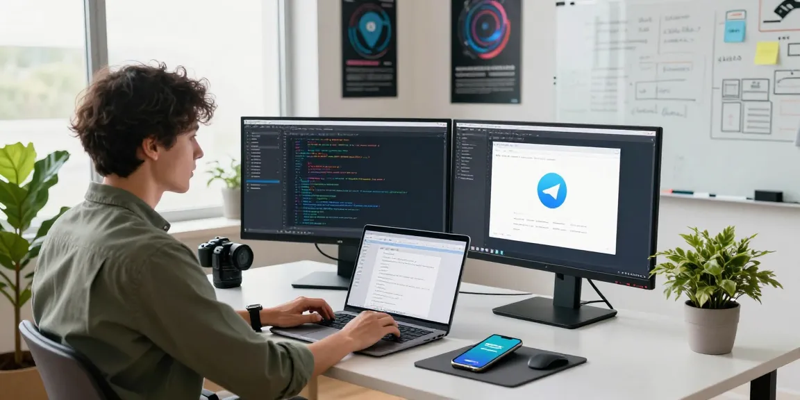 Workspace featuring a developer using 纸飞机中文版 on multiple monitors, showcasing a productive tech environment.