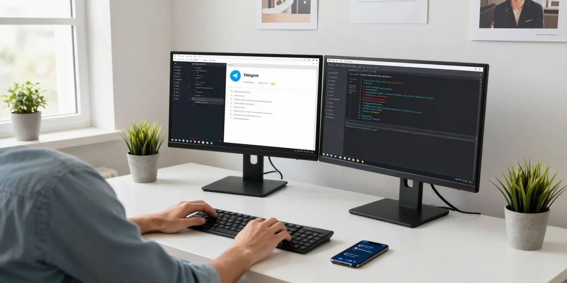 The workspace highlights the features of 纸飞机中文版, showcasing a modern tech setup with dual monitors and Telegram interface.
