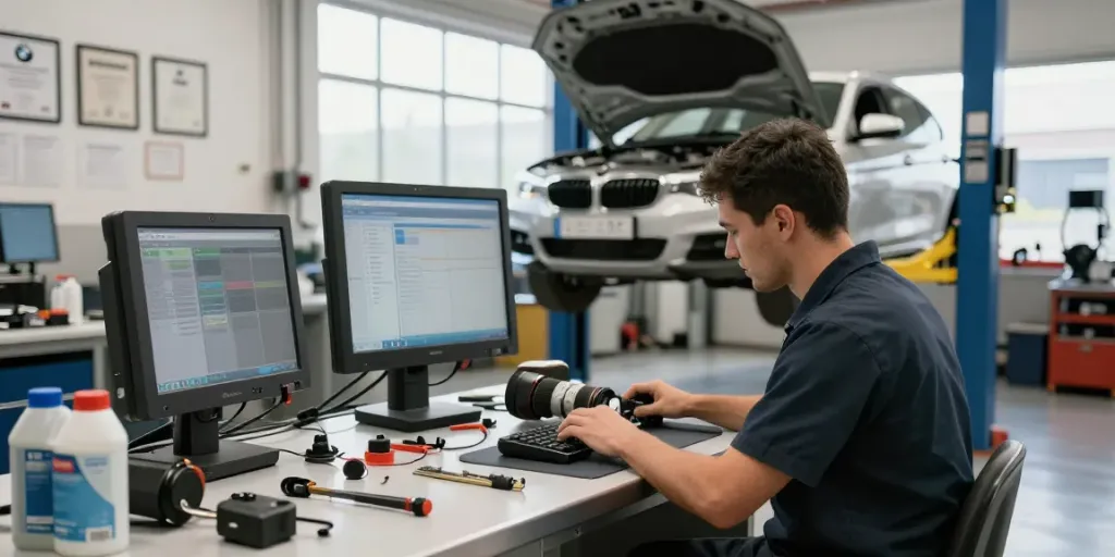 Professionelle BMW Werkstatt mit Techniker, der Motor überprüft in Hannover.