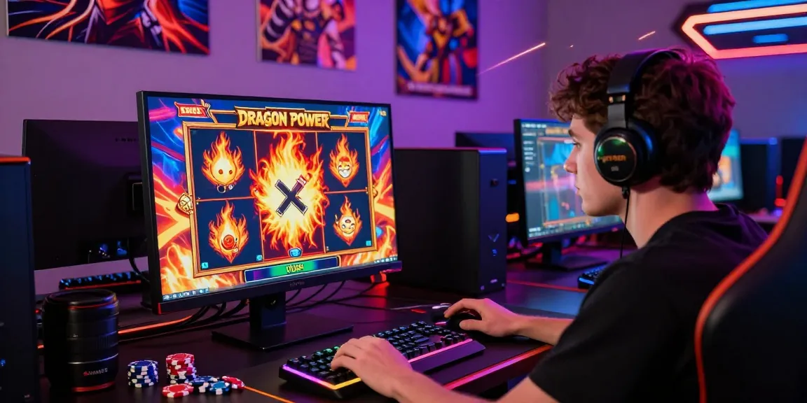 Engaged gamer playing Dragon Power Flame slot game in exciting casino setting.