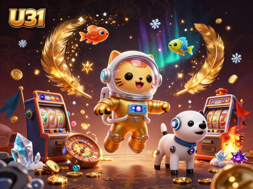 Engage with U31's exciting gaming environment featuring vibrant slot machines and a fun cosmic theme.