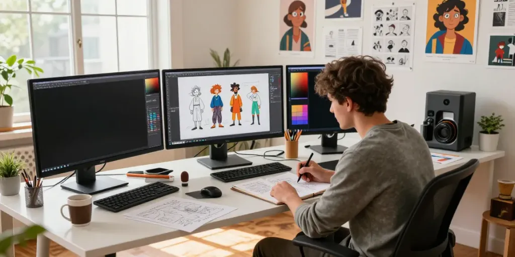 Illustrator designing characters with consistent character generator in vibrant workspace.