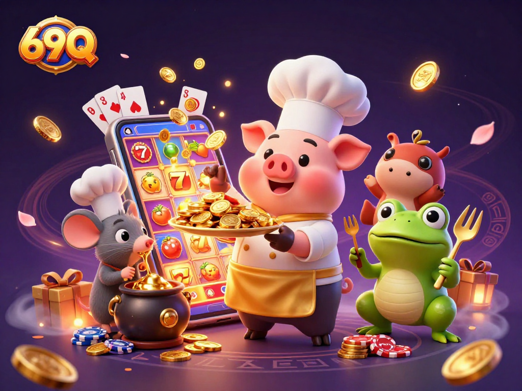 Os personagens de 69Q celebram o jogo com moedas douradas e slots coloridos em um ambiente vibrante.