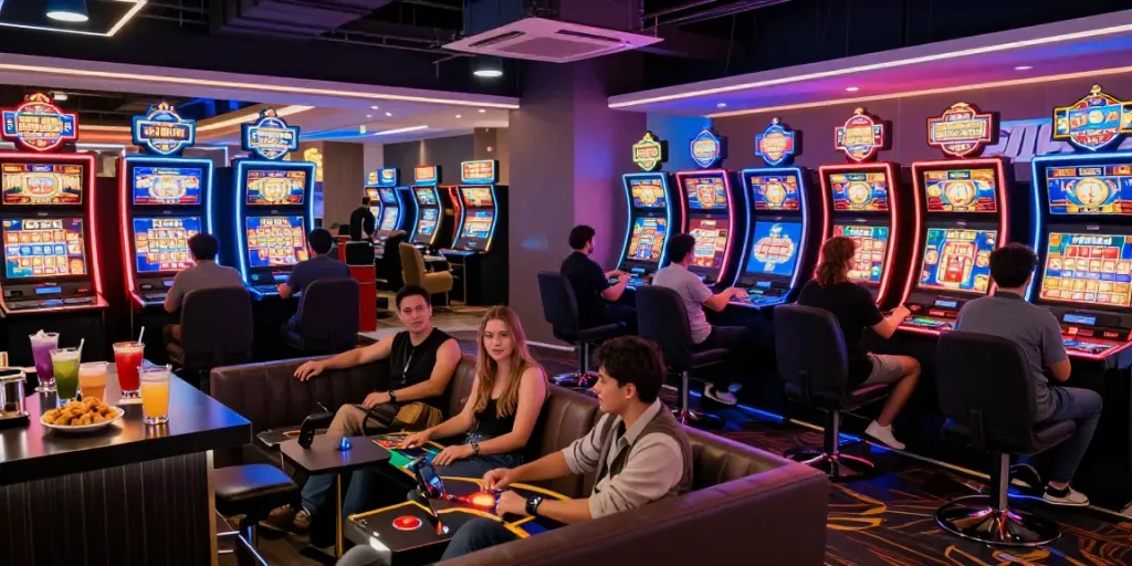 Dynamic scene illustrating the excitement at a server Thailand casino with players engaging in various games.