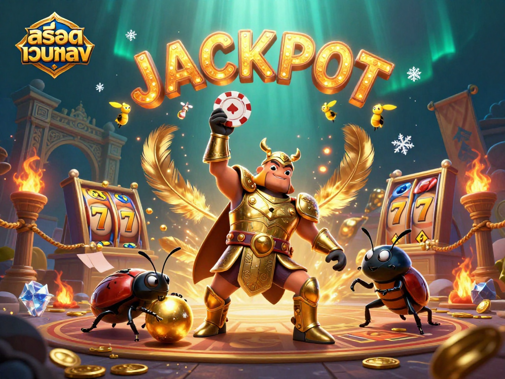 Engage with สล็อตเว็บตรง through a dynamic illustration featuring a victorious beetle and golden elements.