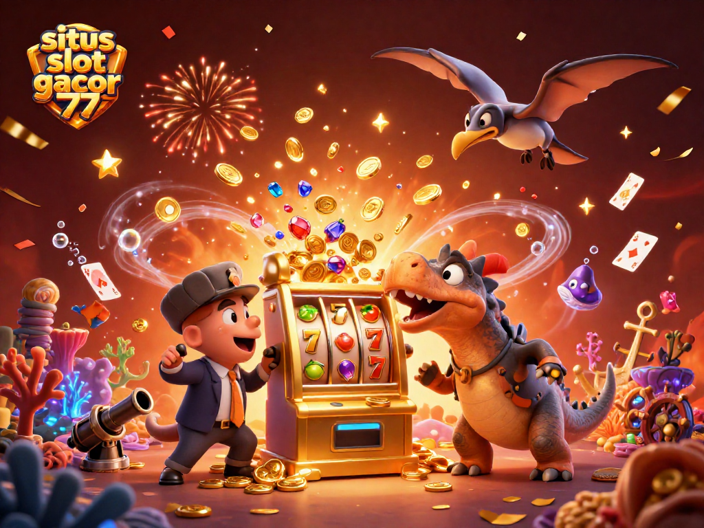 Catch golden coins in the exhilarating scene at situs slot gacor 777 featuring dynamic slot machines and colorful characters.