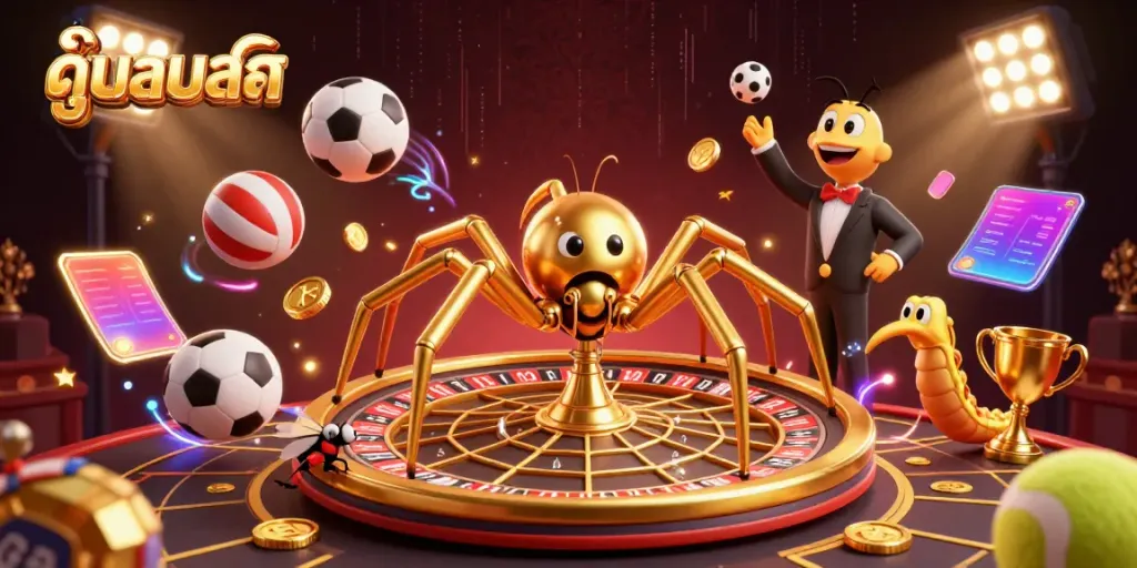 Experience the excitement of ดูบอลสด with a dynamic 3D illustration showcasing betting elements and a thrilling atmosphere.