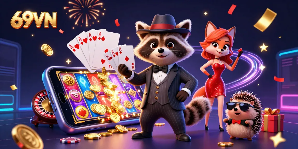 Experience exhilarating gaming moments at 69VN with vibrant characters and dynamic casino elements.