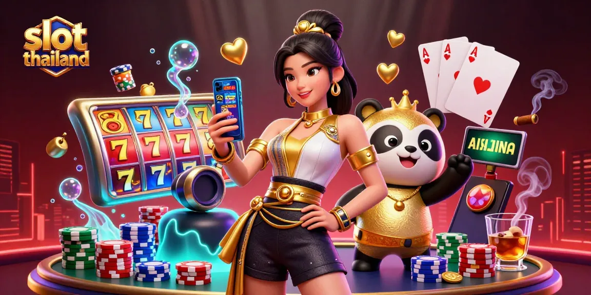 Experience slot thailand gameplay with an Asian woman using her smartphone beside a panda mascot, amidst casino elements.
