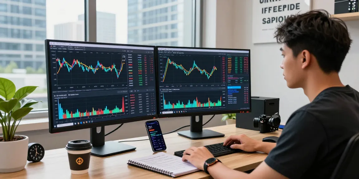 Trader analyzing charts for OKX crypto exchange in a modern office with city views, showcasing a vibrant crypto trading atmosphere.