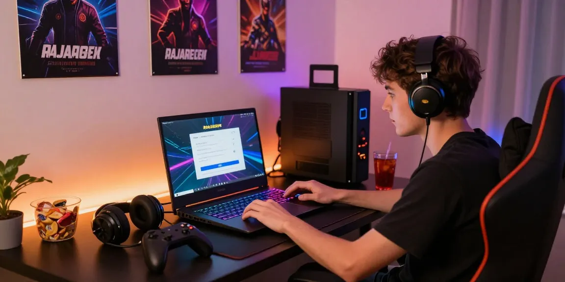 Login RAJARECEH dengan gamer antusias di ruangan nyaman, menampilkan laptop dan aksesori permainan