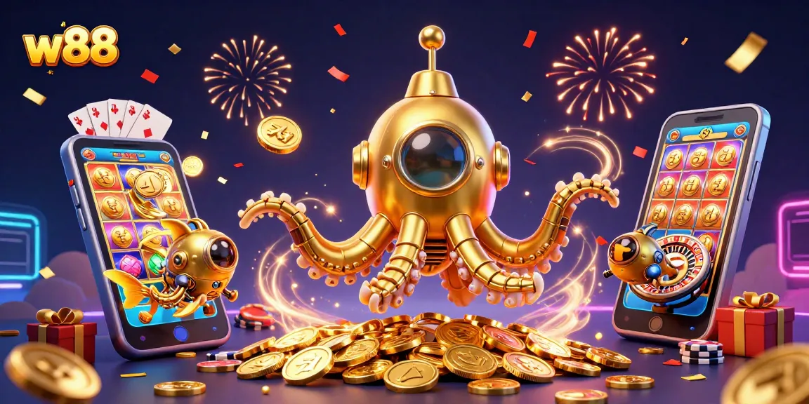 Cá cược tại w88 với cảnh các trò chơi casino sôi động, như slot và poker, trong bối cảnh tiền và giải thưởng hấp dẫn.