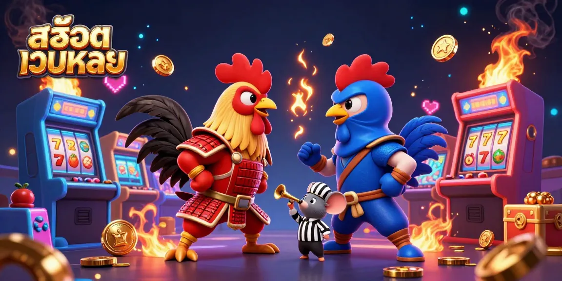 Engage in the excitement of สล็อตเว็บตรง with fighting roosters and vibrant arcade elements.