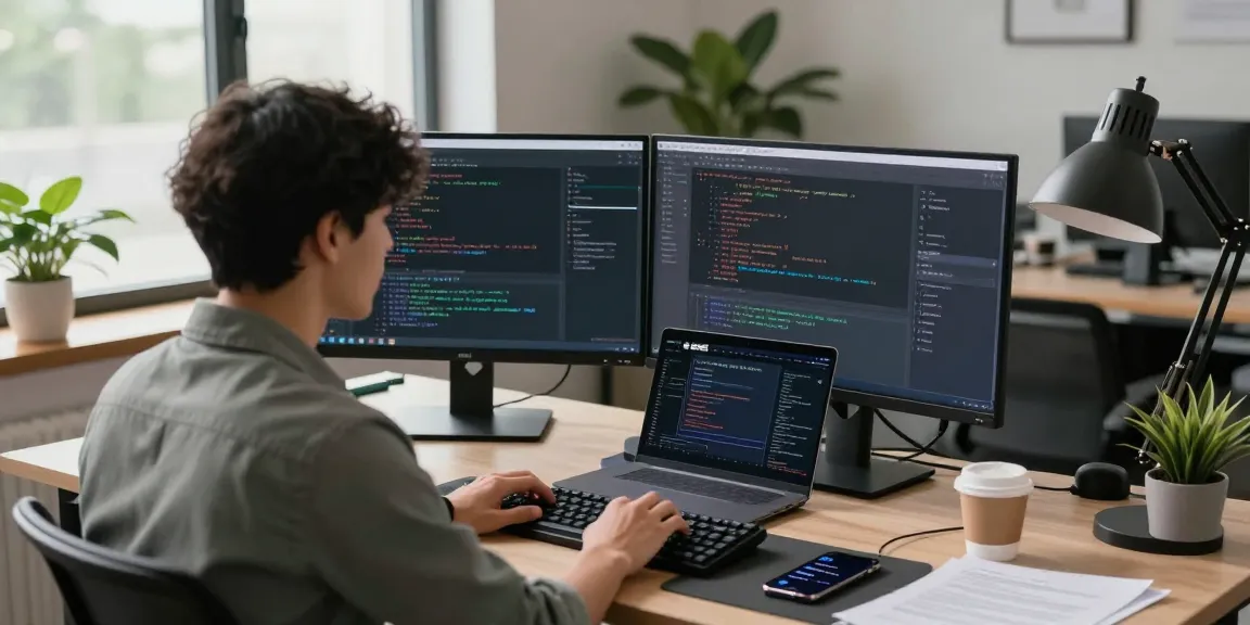 Focused developer using 快连 app on dual monitors in a modern workspace.