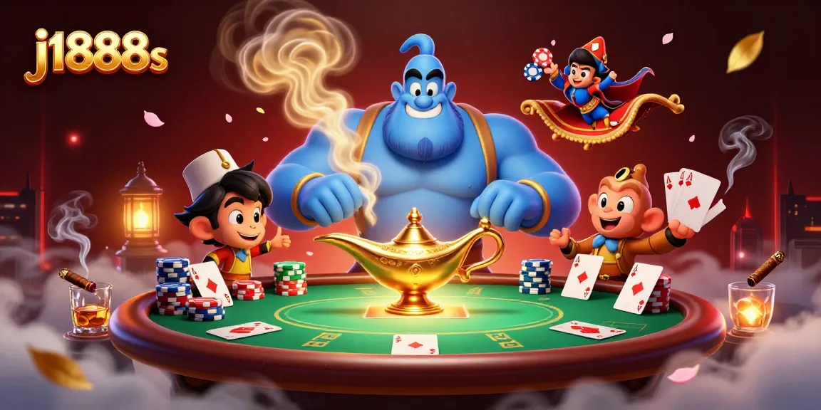 Experience the magic of j1888s with a vibrant 3D casino scene featuring a genie and poker elements.