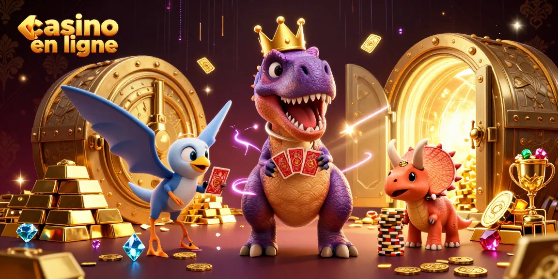 Profitez du casino en ligne avec des dinosaures organisant un jeu de cartes et des jetons d'or autour d'eux.