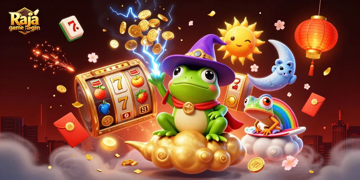 Experience the excitement of Raja game login as a weather wizard frog conjures golden coins amidst vibrant casino elements.