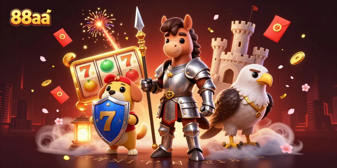 Experience 88aa's vibrant online casino with spinning slot reels and dynamic gaming elements.