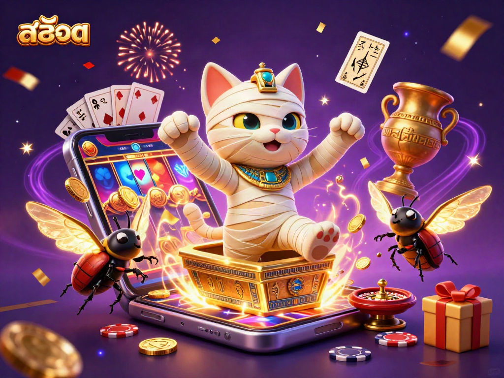 Explore exciting สล็อต games with a mummy cat and a scarab beetle in vibrant casino action.