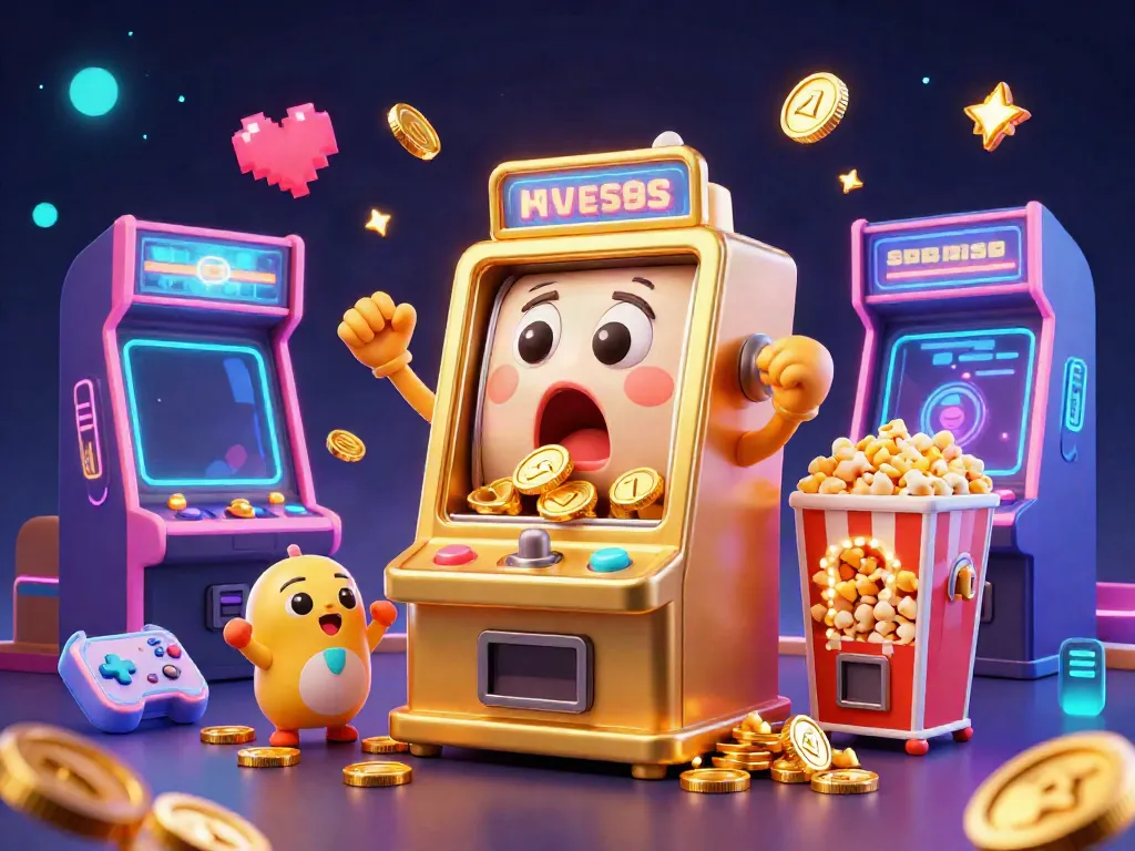 Celebrate with สล็อต as golden coins rain from a shocked slot machine in a vibrant casino scene.