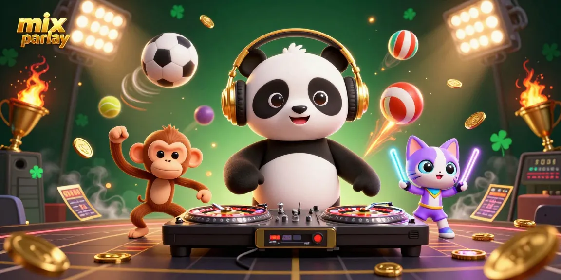 Experience the excitement of mix parlay betting with dynamic characters and sports elements in this vibrant casino scene.