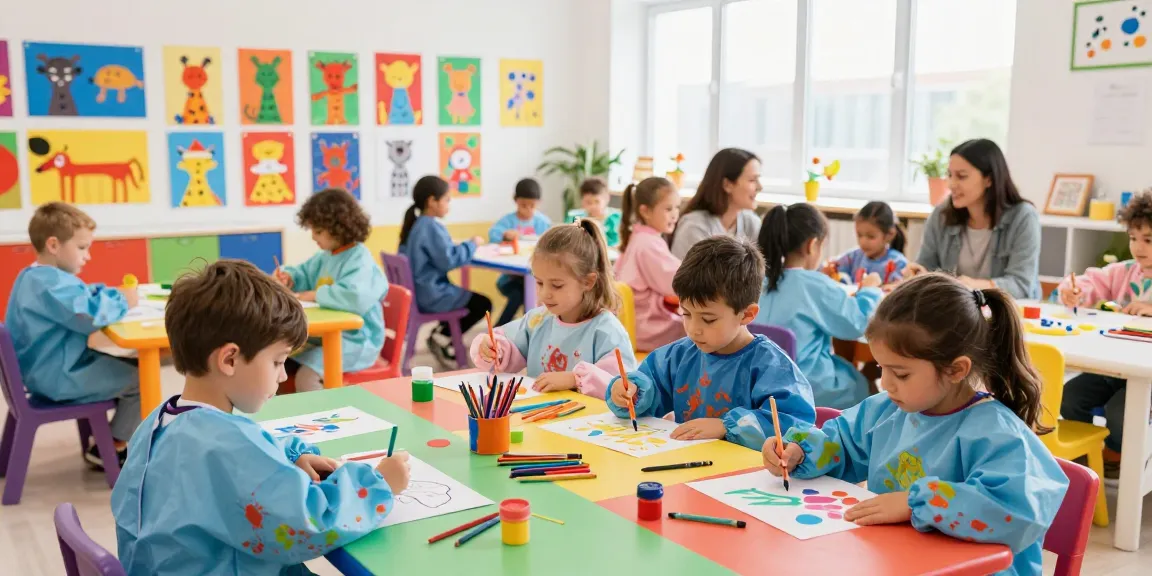 Colorful art studio where kids create engaging pages for kids with paints and crayons.