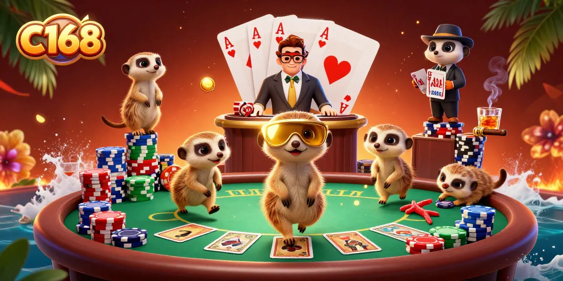 Experience thrilling gameplay at C168 with a lively meerkat casino scene showcasing poker excitement.