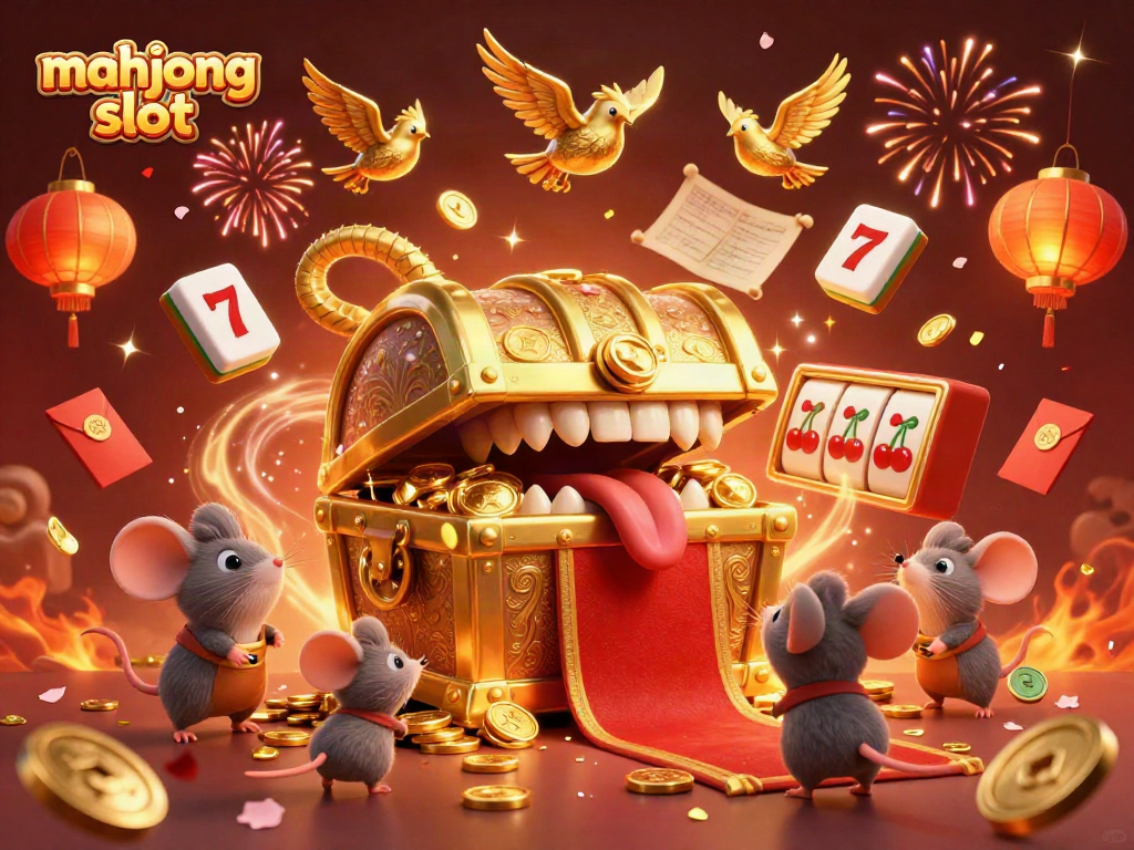 Engage with mahjong slot excitement featuring animated treasure chest, fireworks, and floating tiles.