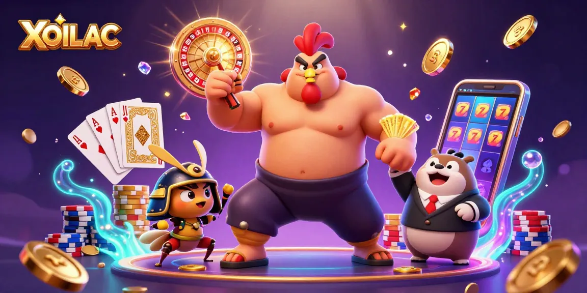 Experience XOILAC's thrilling casino atmosphere with a vibrant, animated sumo rooster character and dynamic game elements.