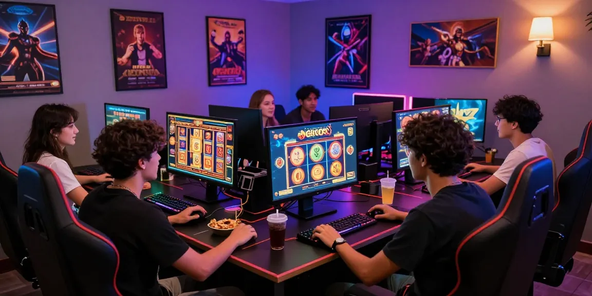 Exciting online gaming moment with friends playing slot gacor games on a colorful computer setup.