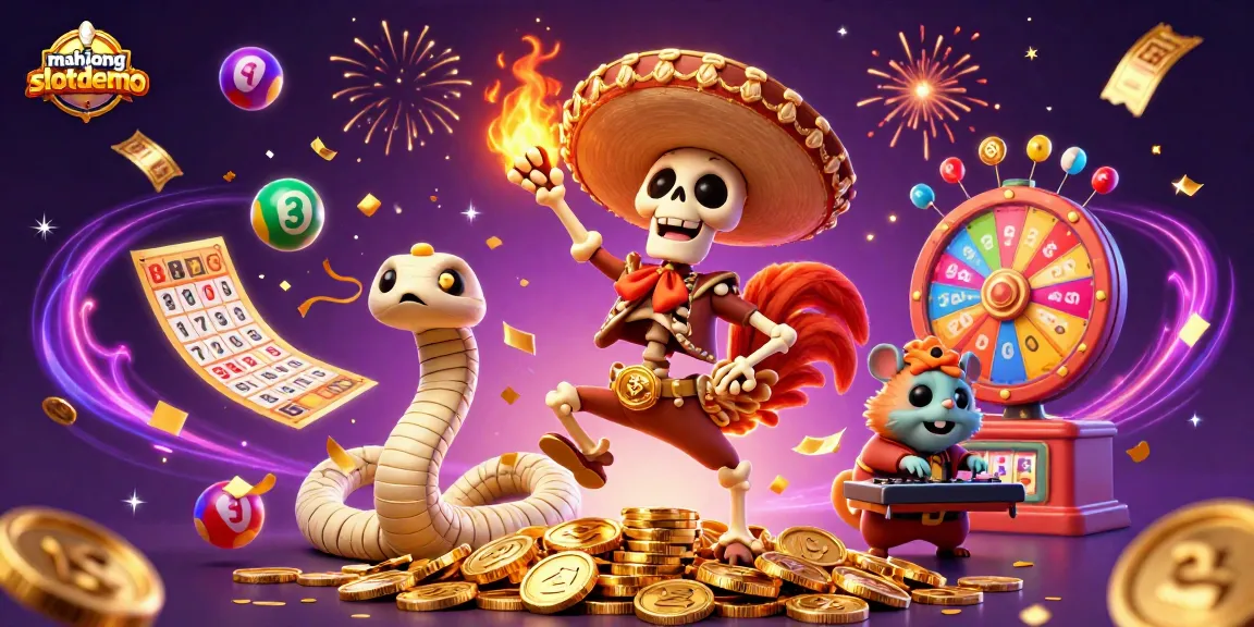 Experience mahjongslotdemo vibrant gaming action with a festive dancing skeleton and dynamic lottery elements.