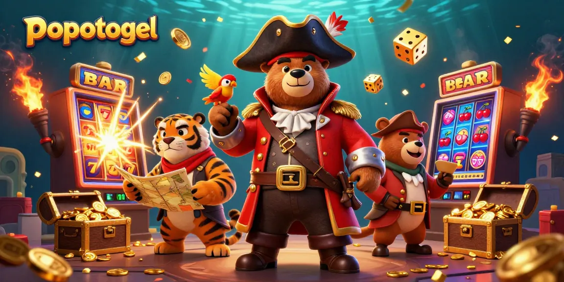 Experience popotogel excitement with a vibrant 3D slot machine explosion and adventure-themed characters.