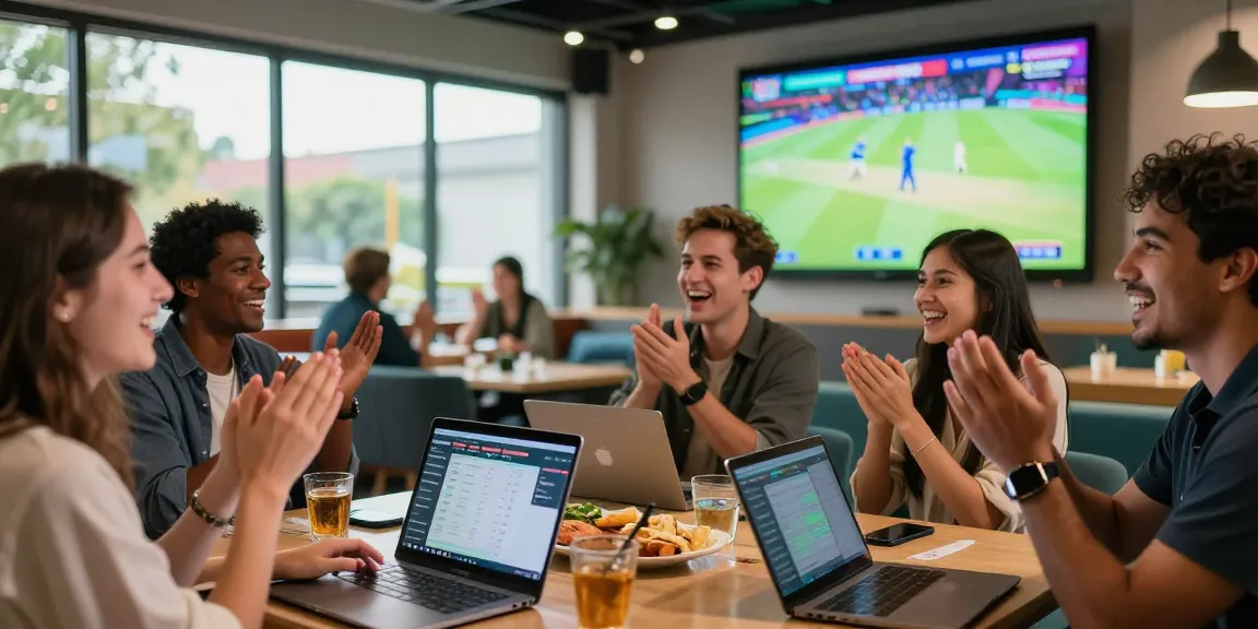 Cheering friends enjoying a live cricket match while using Fairplay24 for online betting in a vibrant sports lounge.