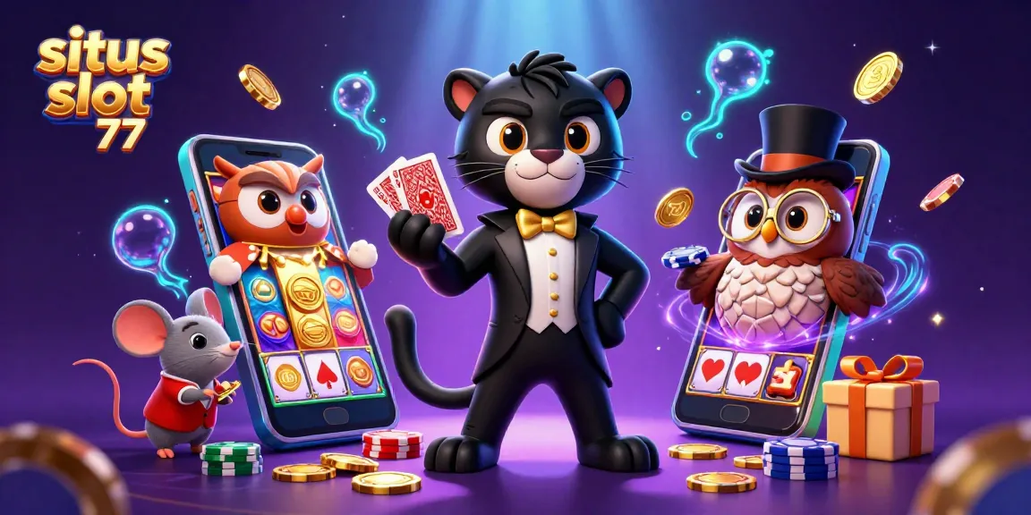 At situs slot 77, enjoy thrilling spins with a stylish black panther dealer and vibrant slot games.