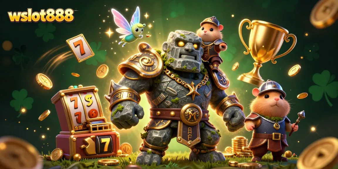 Gambarlah wslot888 yang menampilkan golem penjaga dan keseruan permainan slot online.